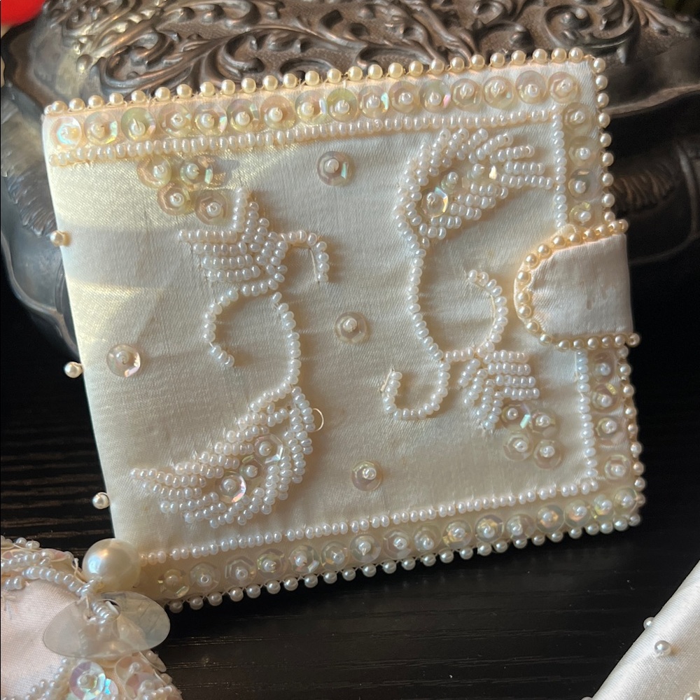 Vintage BON SOIR Ivory Silk/Satin Pearl Embellished Wallet Made in Japan